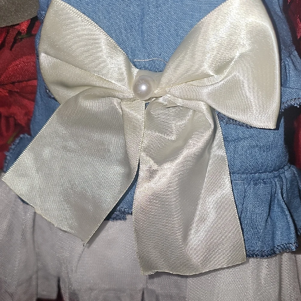 Stylish Blue and White Dog Jean Ruffle Dress Size Xsmall